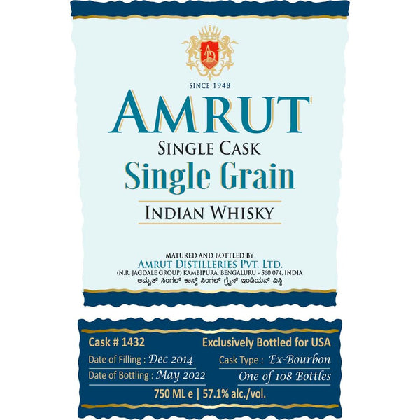 Amrut Single Cask Single Grain Indian Whisky - Main Street Liquor