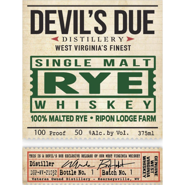 Devil’s Due Single Malt Rye Whiskey - Main Street Liquor