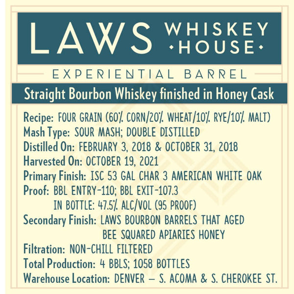 Laws Experiential Barrel Straight Bourbon Finished in Honey Cask - Main Street Liquor