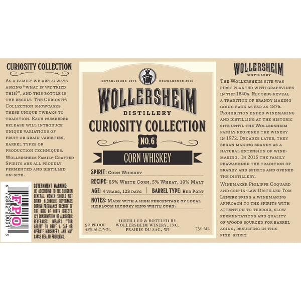 Wollersheim Curiosity Collection No. 6 Corn Whiskey - Main Street Liquor
